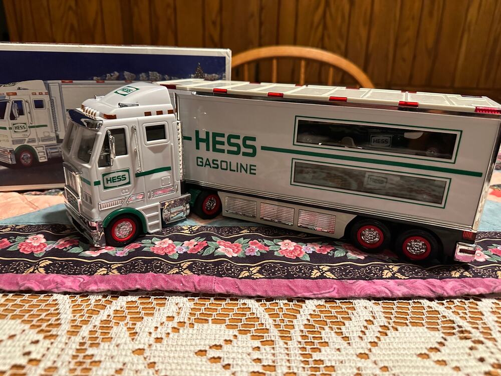 Vintage 2003 Hess Toy Truck and Racecars Set with Original Box - Working Lights